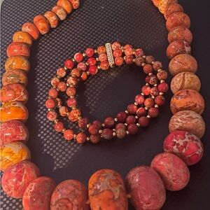 sea jasper coral/orange/pinkish beaded statement Necklace and Bracelet Set